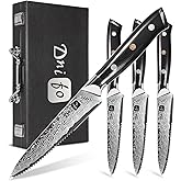 Dnifo Steak Knives Set of 4,5 Inch VG10 Japanese Steak Knives, Damascus Pattern Half-serrated Meat Knife with Full Tang Handle,Razor-Sharp Durable Dinner Knives with Gift Box