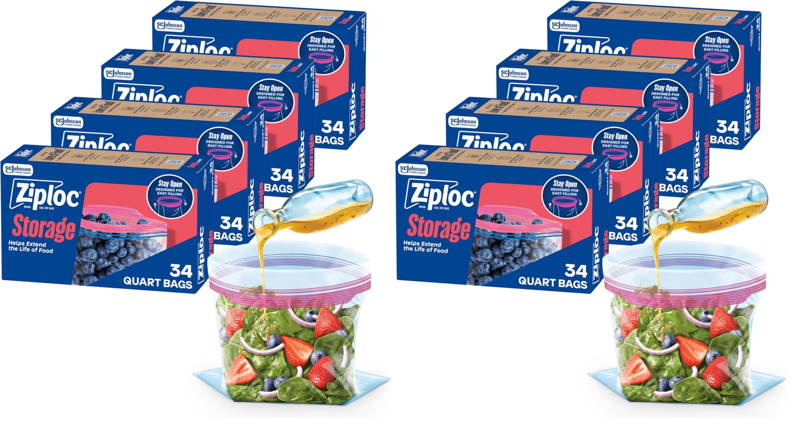 Ziploc Quart Food Storage Bags,Stand-Up Bottom,Easy to Fill,(Packaging May Vary),136 Count (Pack of 2)