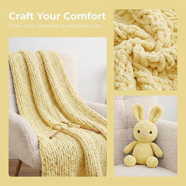 BATELO SUPER BULKY YARN FOR CROCHETING, 4 LARGE SKEIN(EACH 10.5OZ/300G, 220YDS/201M) FOR BABY BLANKET/AMIGURUMI/HOME DECOR(PASTEL YELLOW)