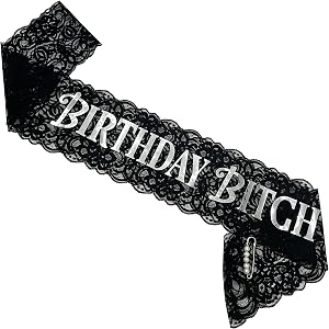 LATFZ 'Birthday Bitch' Lace Sash Black with Pearl Pin for Women, Girl for 18th 21st 30th 40th 50th Funny Party (Silver Foil)