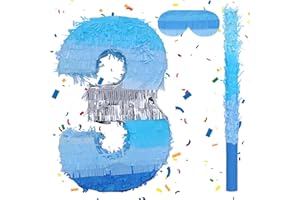 Birchio Number 3 Pinata Bundle with a Blindfold and Bat(16.2 x 10.7 x 4 Inches), Perfect for Boys and Girls Birthday Party Supplies, Blue Theme Birthday Decoration