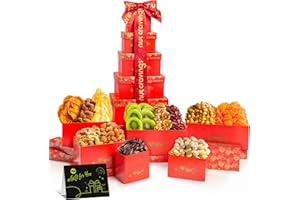 NUT CRAVINGS - Thanksgiving Dried Fruit & Mixed Nuts Gift Basket Red Tower + Heart Ribbon (12 Assortments) Holiday Xmas Chris