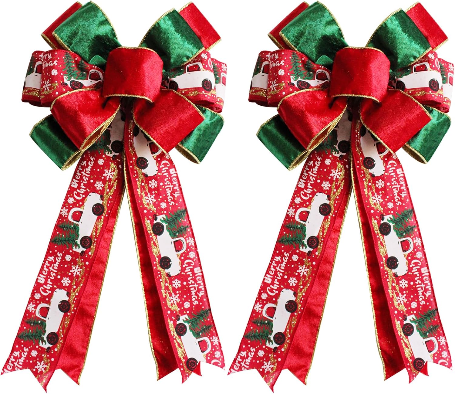 Bows & Ribbons - Large Christmas Wreath Bows 2 Pack - 19x11 inch Pre-Tied Truck Pattern Wreath Bow, Red & Green Wired Edge Wreath Bow for Front Door Winter Decor, Christmas, Holiday Indoor Outdoor Ornaments
