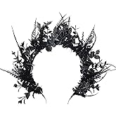 MOSTORY Black Flower Halo Crown - Handmade Gothic Floral Headband with Feather for Women Witch Goth Wedding, Dark Halo Headband for Renaissance Cosplay Photo Shoot
