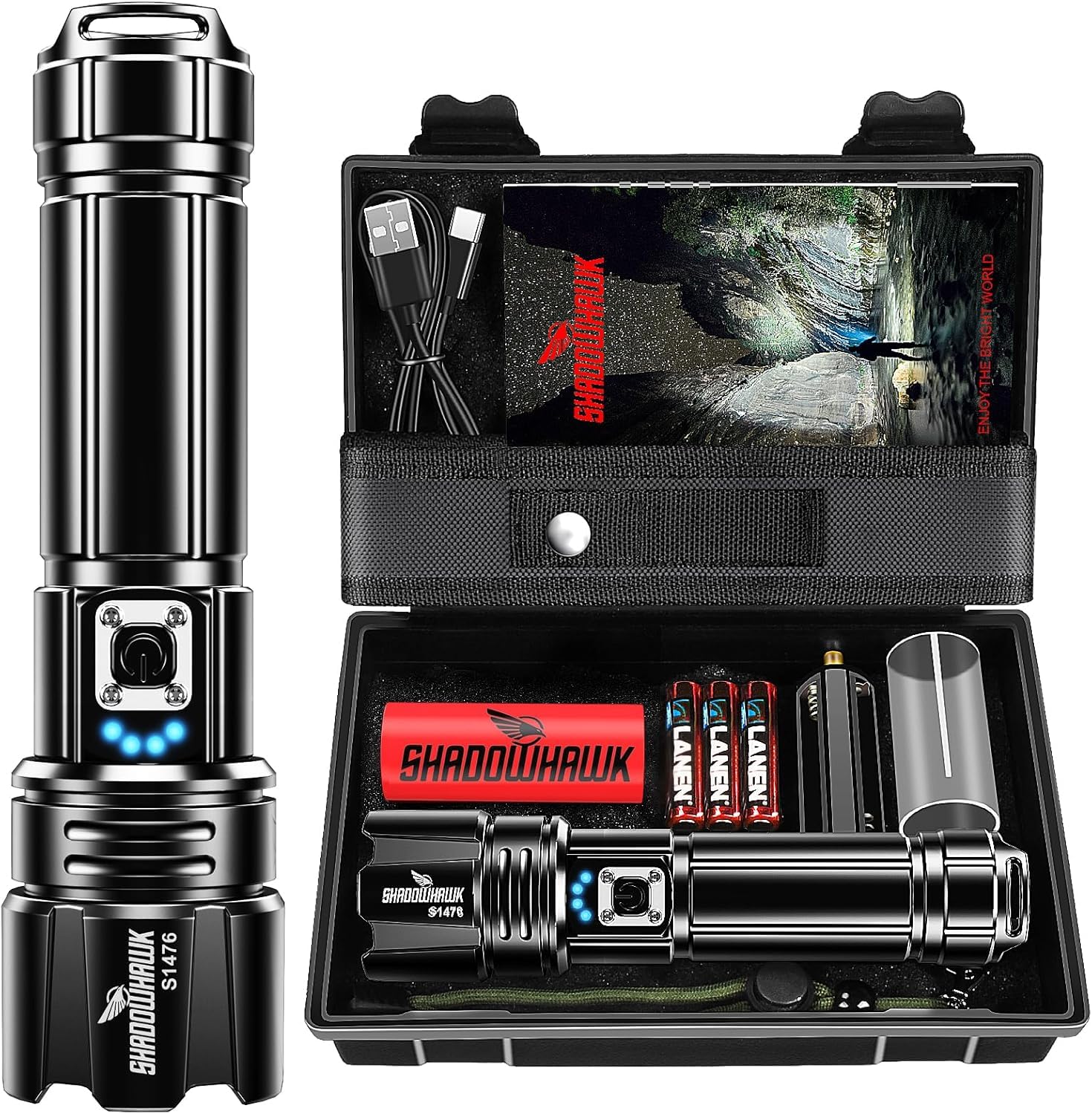 Shadowhawk Torch LED 10000 Lumens, Extremely Bright Torch, USB Rechargeable Tactical Torches with Holster CREE XHP70.2, IP67 Waterproof, 5 Light Modes, for Camping, Hiking, Emergencies (26650 Battery)