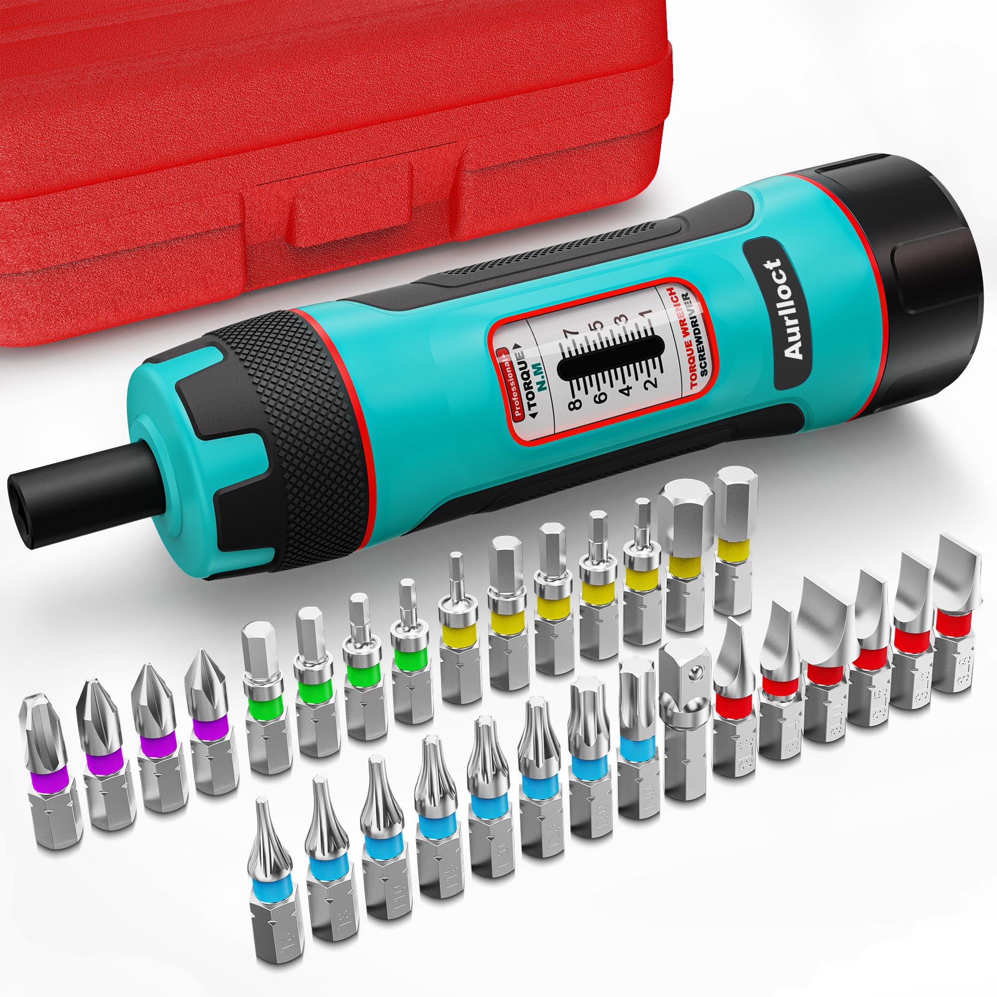 Aurlloct 1/4" Torque Screwdriver Wrench Set, 1-8 Nm Torque Wrench Bits Set with 1/4" Hex to 1/4" Socket Adapter, for Household Repairs, Bicycle Maintenance