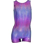 Destira Rainbow Blaze Gymnastics Unitard for Girls, Vibrant Biketard w/Colorful Shimmering Foil Finish & Matching Scrunchie