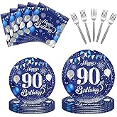 96 Pcs 90th Birthday Decorations for Men 90th Theme Birthday Party Tableware Set Classic 1936 90 Year Old Birthday Party Decorations Plates Napkins Forks Blue Sliver Dinnerware Favors for Men Women