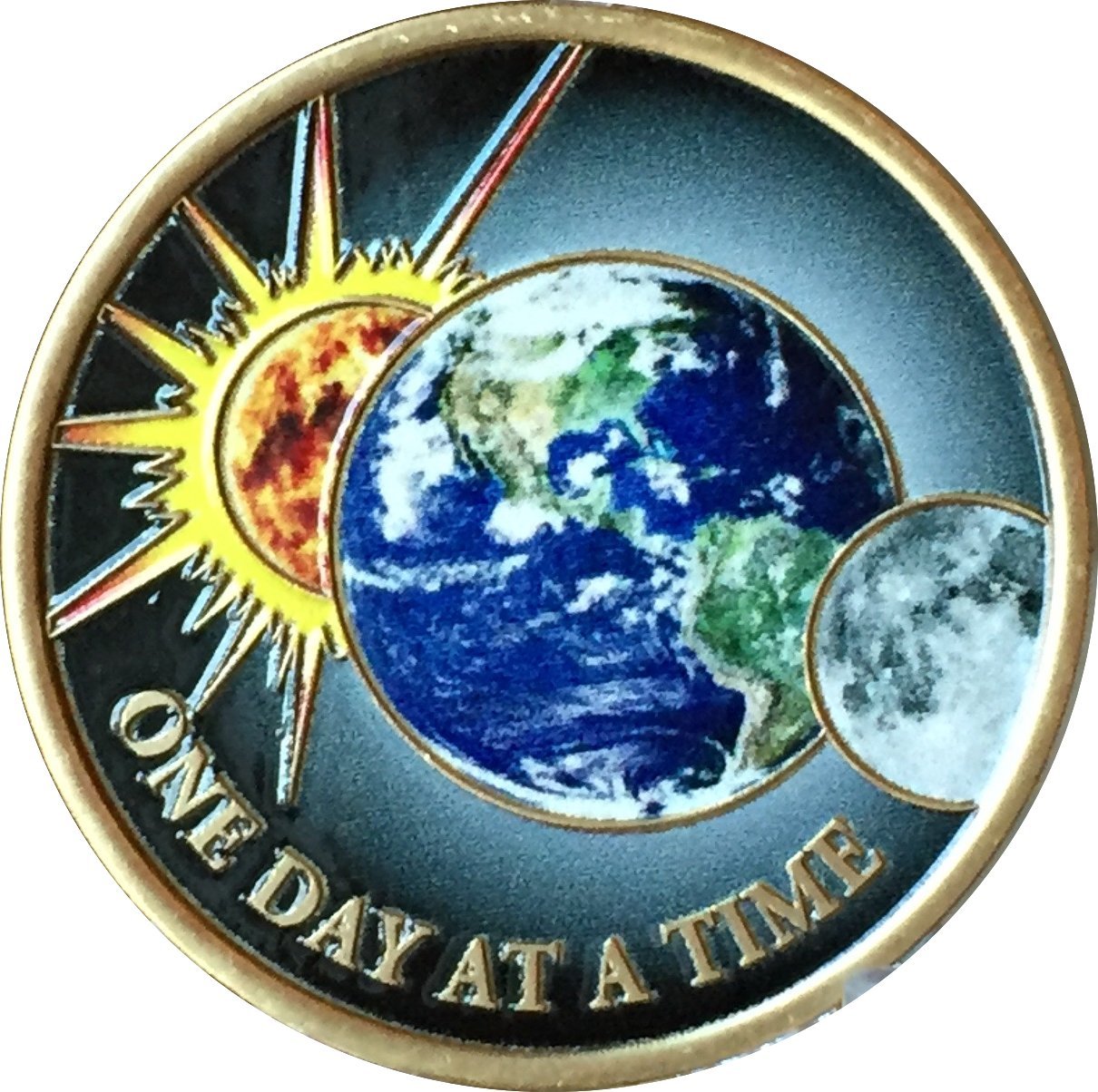 RecoveryChip One Day At A Time Universe Sun Moon Earth Medallion Color Serenity Prayer Chip