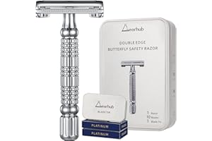 Gearhub Butterfly Double Edge Safety Razor Reusable Stainless Metal Wet Shaving Razor with 10 Swedish Platinum Blades for Men Women Barber Bikini Armpit Hair GR179