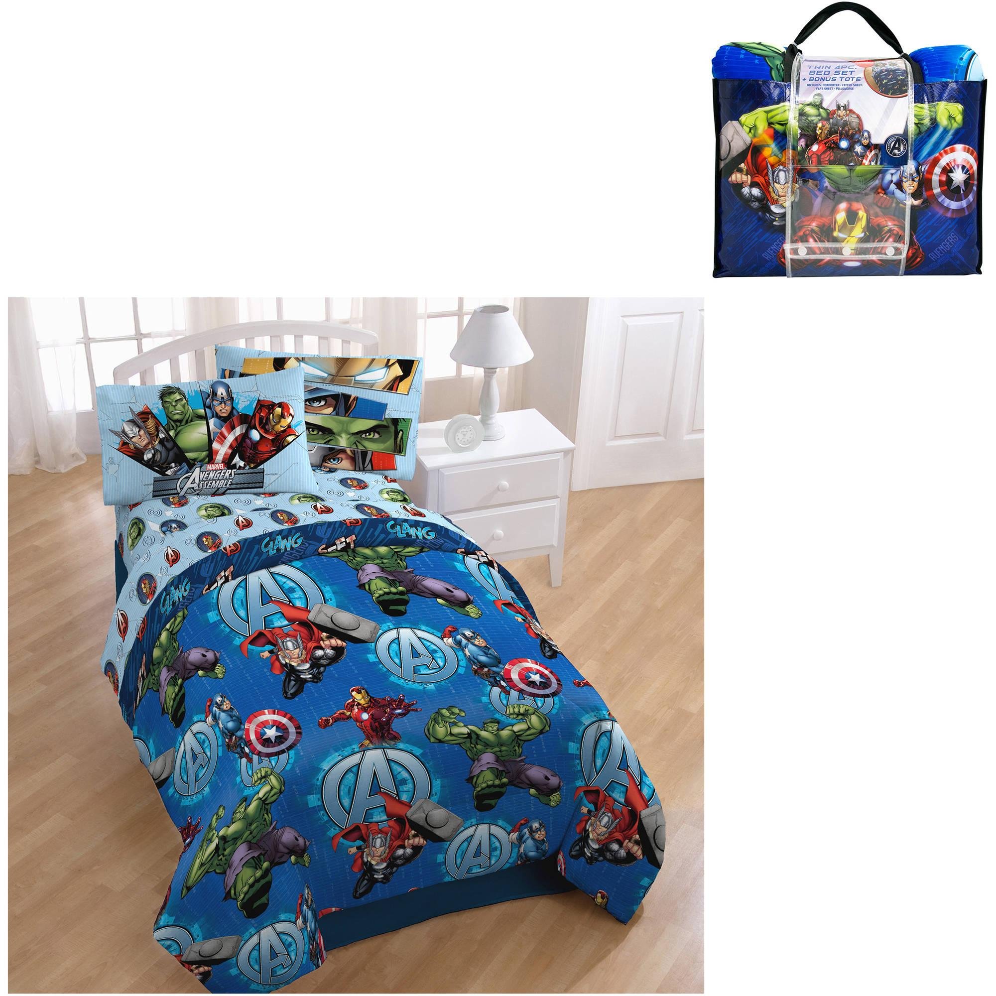 MARVEL Avengers Assemble 4-Piece Reversible Twin Bedding Set: Comforter, Fitted/Flat Sheets, Pillowcase & Bonus Tote (Captain America, Iron Man, Thor & Hulk)