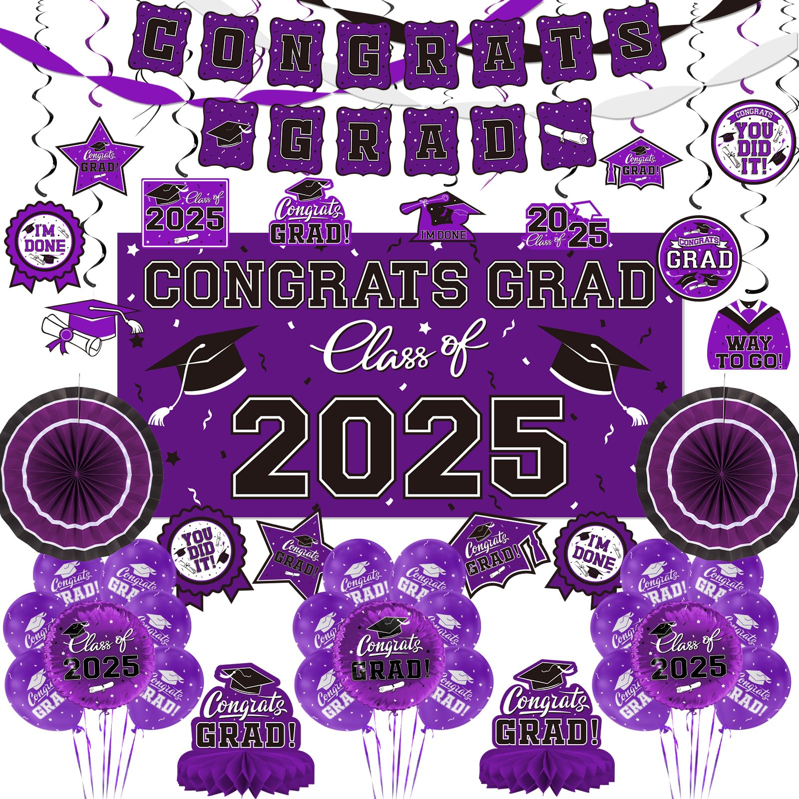 Photo 1 of Purple Themed 2025 Graduation Decorations Set - Congrats Grad Banner, Class of 2025 Backdrop, Balloons & Streamers Kit - Complete Party Supplies for High School & College Celebrations