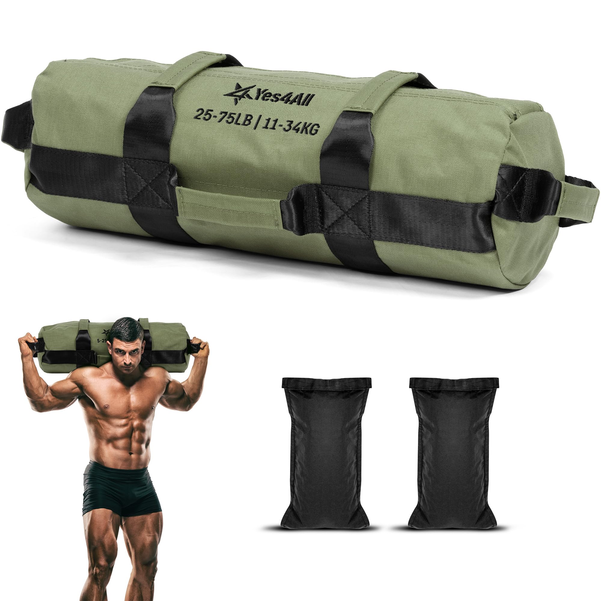 Yes4All Unisex Ek64 Yes4All Sandbag Weights Weighted Bags Sandbags for Fitness Conditioning Crossfit with Adjustable, B. Army Green - M, M 25-75 Lbs UK