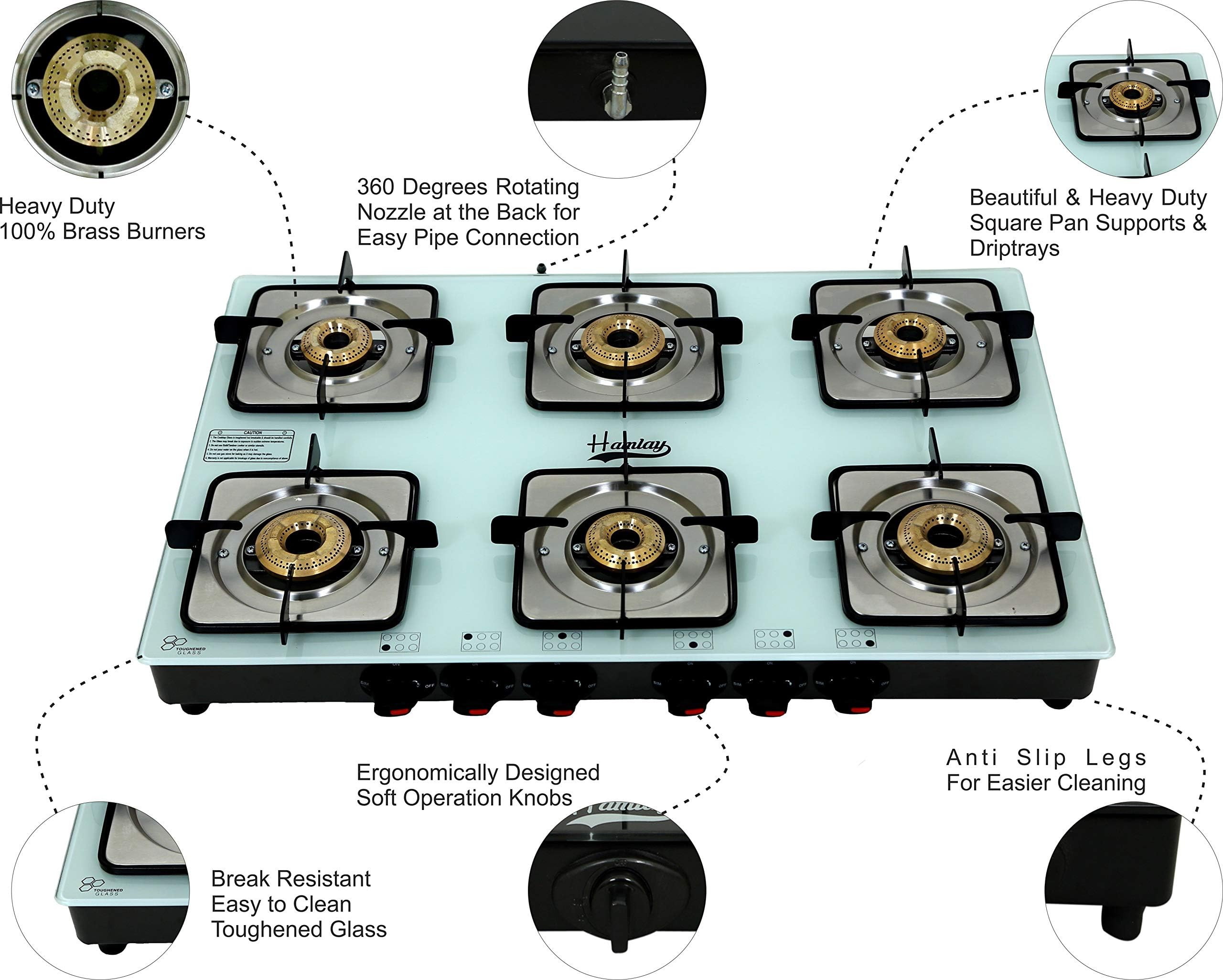 Hamlay Toughened Glass Burner Manual Ignition Gas Stove (6 Burner LPG Compatible White)