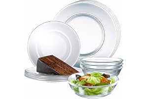 12pc Glass Dinnerware Set - Sleek Round Clear Glass Plate and Bowl Sets - Dishwasher Safe, Bread & Butter Dinner, Dessert, Sa