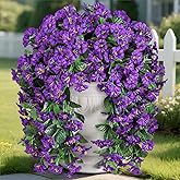 Artificial Faux Hanging Flowers Plants for Outdoor Outside Summer Decoration, 2 PCS Fake Silk Purple Morning Glory Trailing Vines UV Resistant Realistic for Porch Patio Balcony Planter