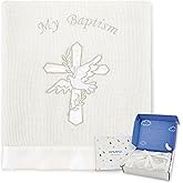 Pinuotu Cotton Baby Baptism Blanket – White Christening Shawl with Satin Trim & Embroidered Cross, Soft Receiving Blanket for Newborn Boys & Girls, 40x31 Inches with Gift Box