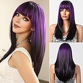 testar Purple Wigs for Women Long Straight Black Purple Wig With Bangs Heat Resistant Synthetic Fiber Layered Party/Halloween Use 24IN