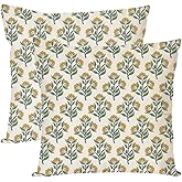 PANDICORN Block Print Throw Pillow Covers 18x18 Inch Set of 2 Green and Yellow Floral Vintage Boho Outdoor Spring Summer Decorations Decorative Throw Pillows Cases for Home Bed Living Room Couch Decor