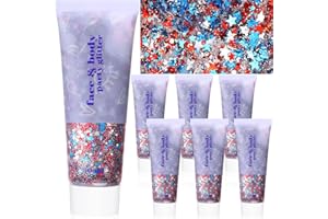 HEIGBLE 6 Pcs Red White and Blue Face Body Hair Glitter Gel 4th of July Hair Face Body Glitter Independence Day Patriotic Face Glitter Chunky Sequins Glitters Fourth of July Accessories, 50ml