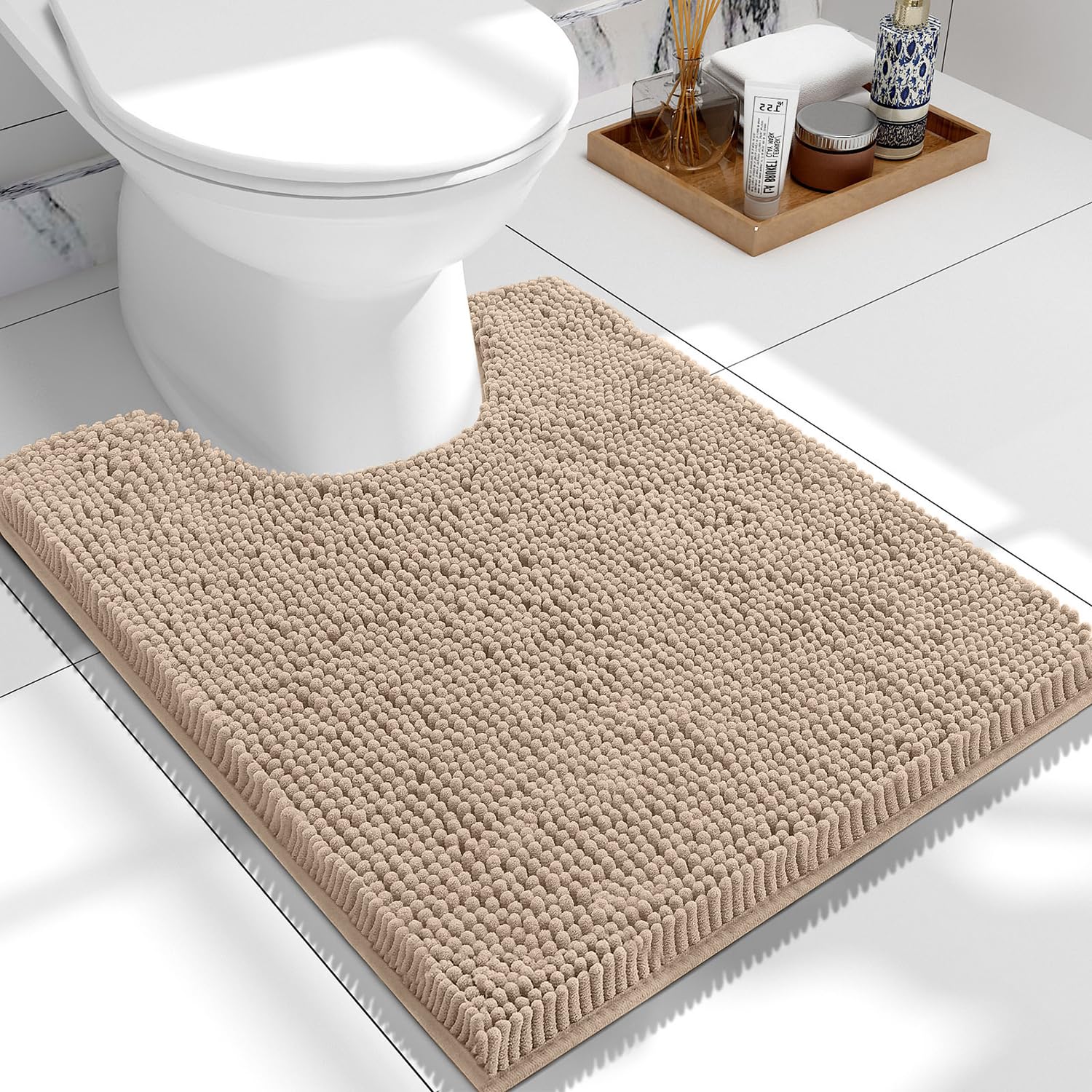 smiry Non-Slip Toilet Mat Extra Soft Absorbent Pedestal Mat for Toilet Thick Shaggy Chenille Bath Mat Machine-Washable Dry Bathroom Floor Mat, 50 x 60 cm, Beige