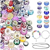 120pcs European Large Hole Beads, Assorted European Craft Bead Mixed Color Lampwork Murano Spacer Beads with 2pcs Bracelet and 2pcs Necklace for DIY Necklace Bracelet Jewelry Making