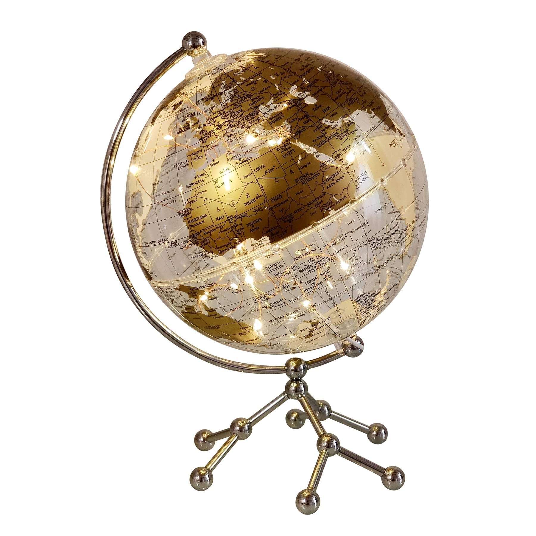 Photo 1 of 8'' World Globe, Clear Metal Globe with Built-in Gypsophila LED Strip for Home Decor, Office Desktop, Study Education and Night Light (Gold)