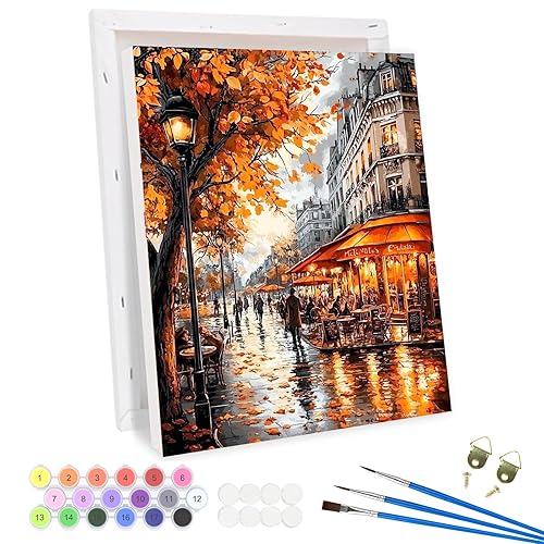 QENSPE Paint by Numbers Adult Kit with Frame, 12x16 in Easy Painting Kits for Beginners, Paint on Clear Colored Canvas, Acrylic Pigment Drawing Paintwork, DIY Artwork Home Wall Decor, City Streets