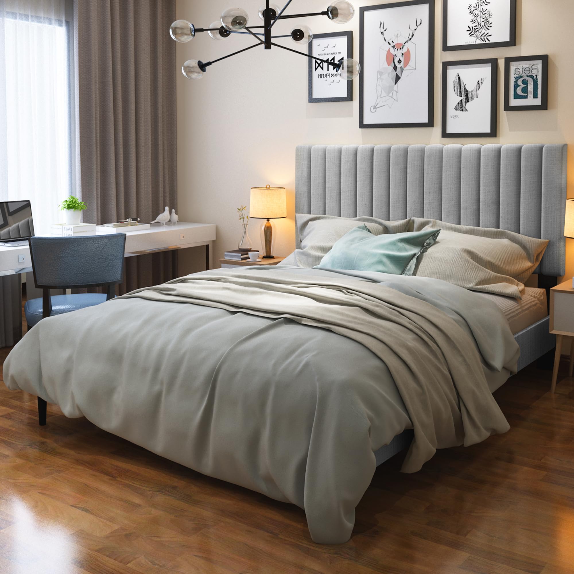 Photo 1 of OLALITA Queen Size Bed Frame with Velvet Upholstered Headboard, Sturdy Platform Bed, No Box Spring Needed, Easy Assembly (Grey)