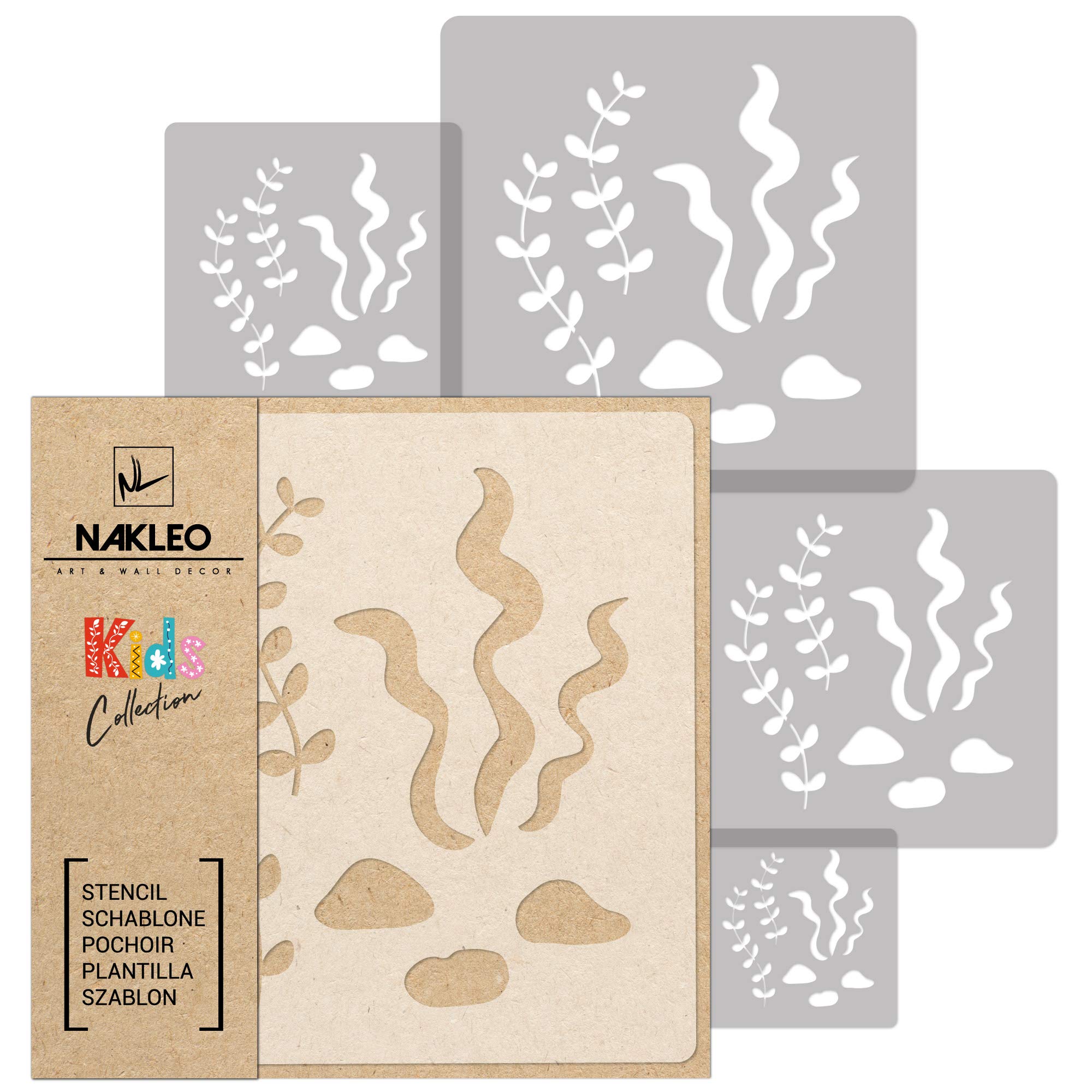 NAKLEO Painting Stencils Set for Nursery Room, 5 Pcs Templates 9x9 to 34x34cm Seaweed Algae Aquarium, Plastic and Reusable Drawing Stencils, Decor, Craft DIY Wall Furniture