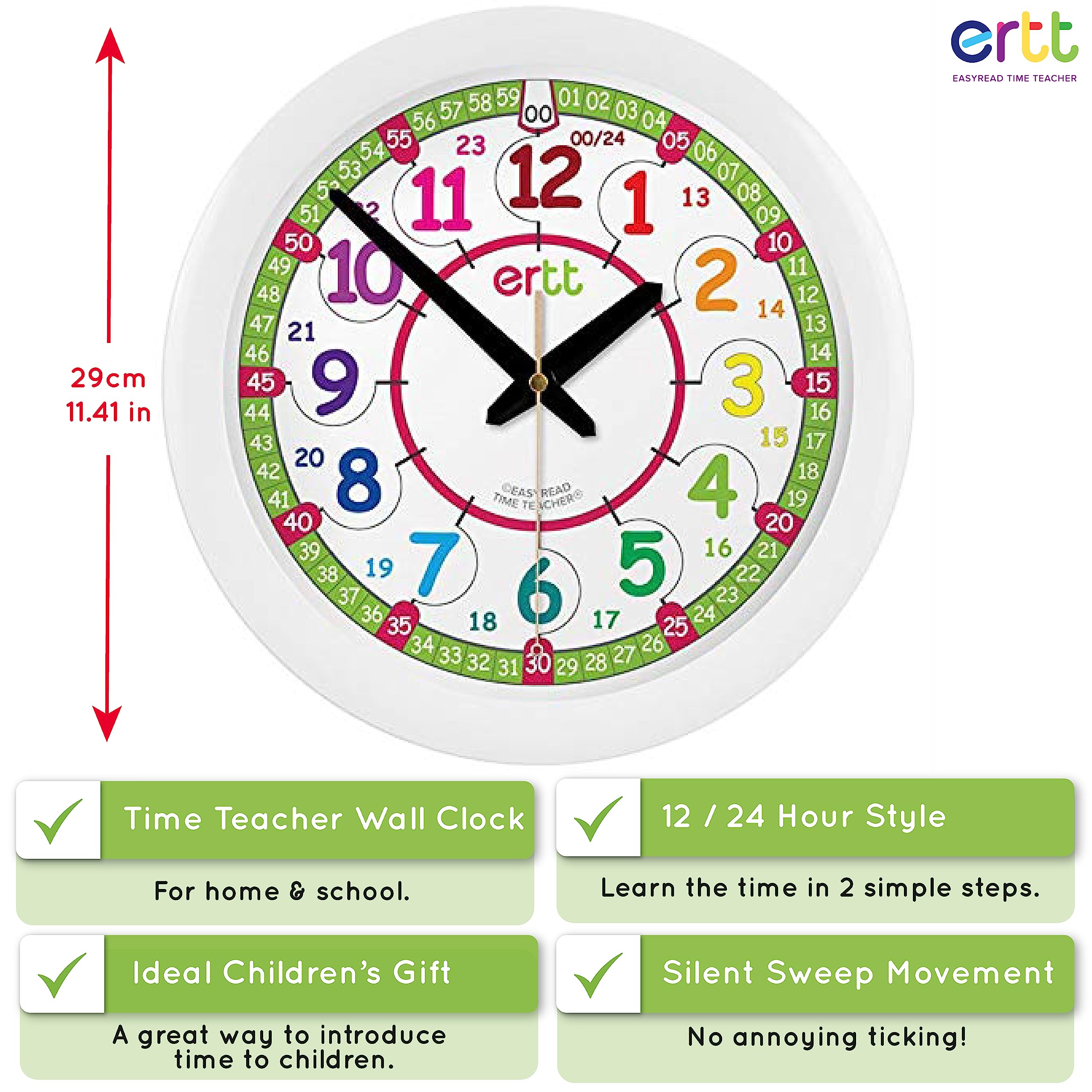 ertt Teaching Wall Clock - Learn The Time Wall Clock - Kids Analog Clock for Classroom, Playroom, Bedroom, Educational Room Decor - School Clock for Kids with Rainbow Face (29cm)