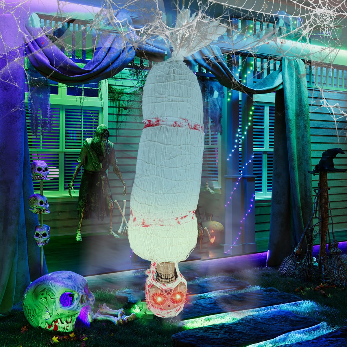 Photo 1 of Halloween Hanging Decorations Outdoor Cocoon Corpse,Scary Hanging Sounds Cocoon Corpse Props with Horror,Animatronics Animated Dead Body Prop Indoor,Scream Lighted Eyes Prop for Front Porch,Yard Tree
