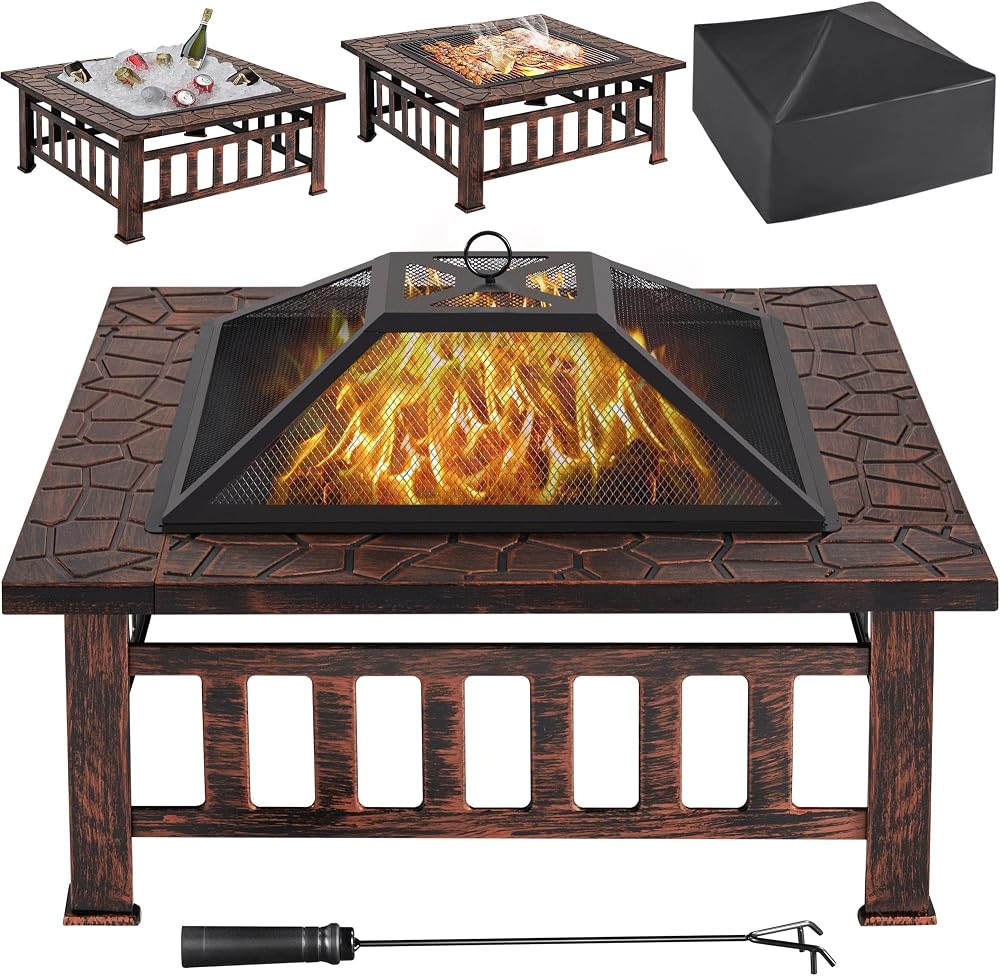 Yaheetech 86cm Square Fire Pit with Cover and Poker Copper Finish