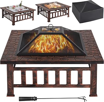 Yaheetech 86cm Square Fire Pit with Cover and Poker Copper Finish