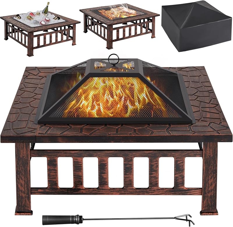 Yaheetech 86cm Square Fire Pit with Cover and Poker Copper Finish