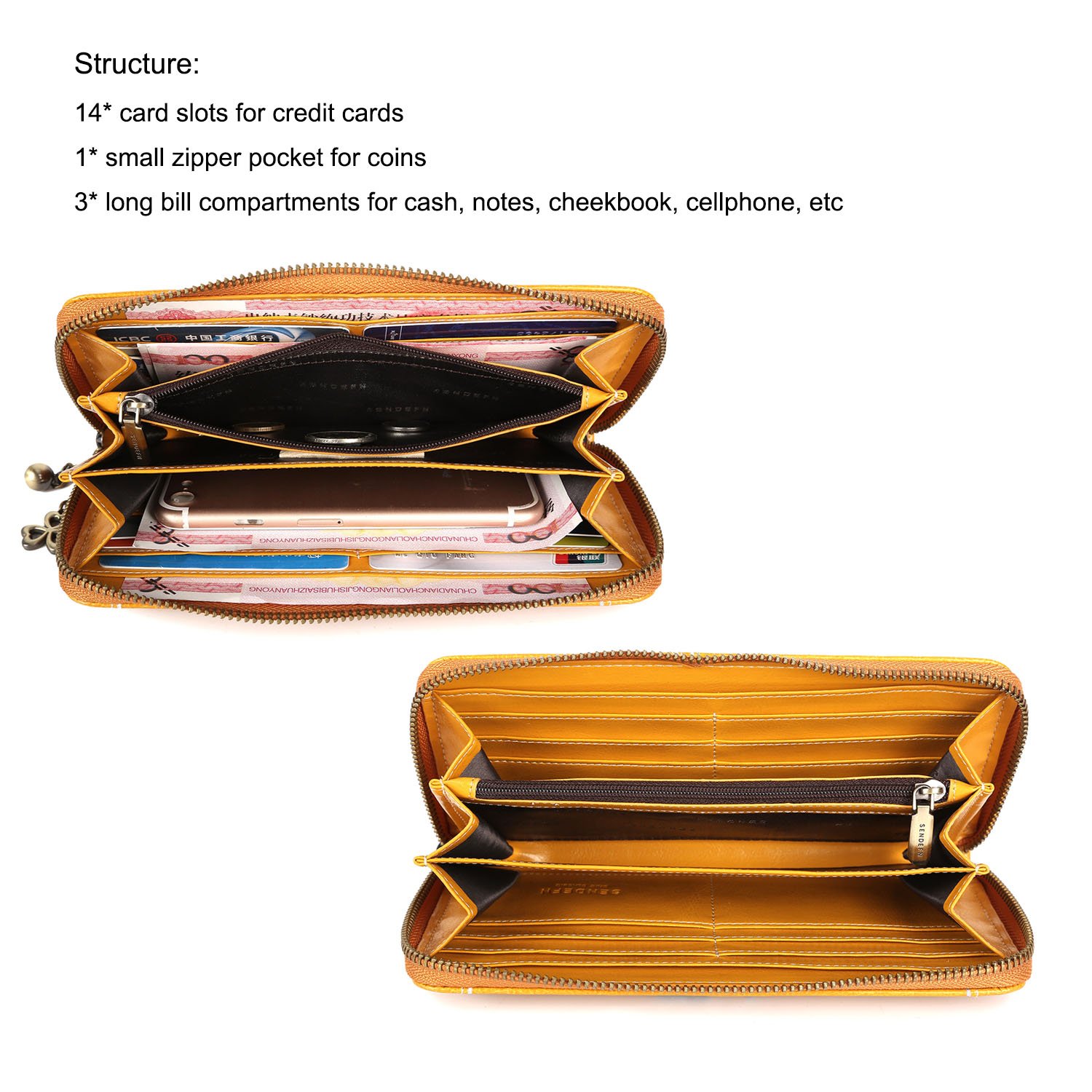 Carteras de Cuero Genuino Monedero/Billetera para mujeres RFID Bloqueo Cera de Lujo Piel Con cremallera, gran capacidad Bolso de la señora-Amarillo