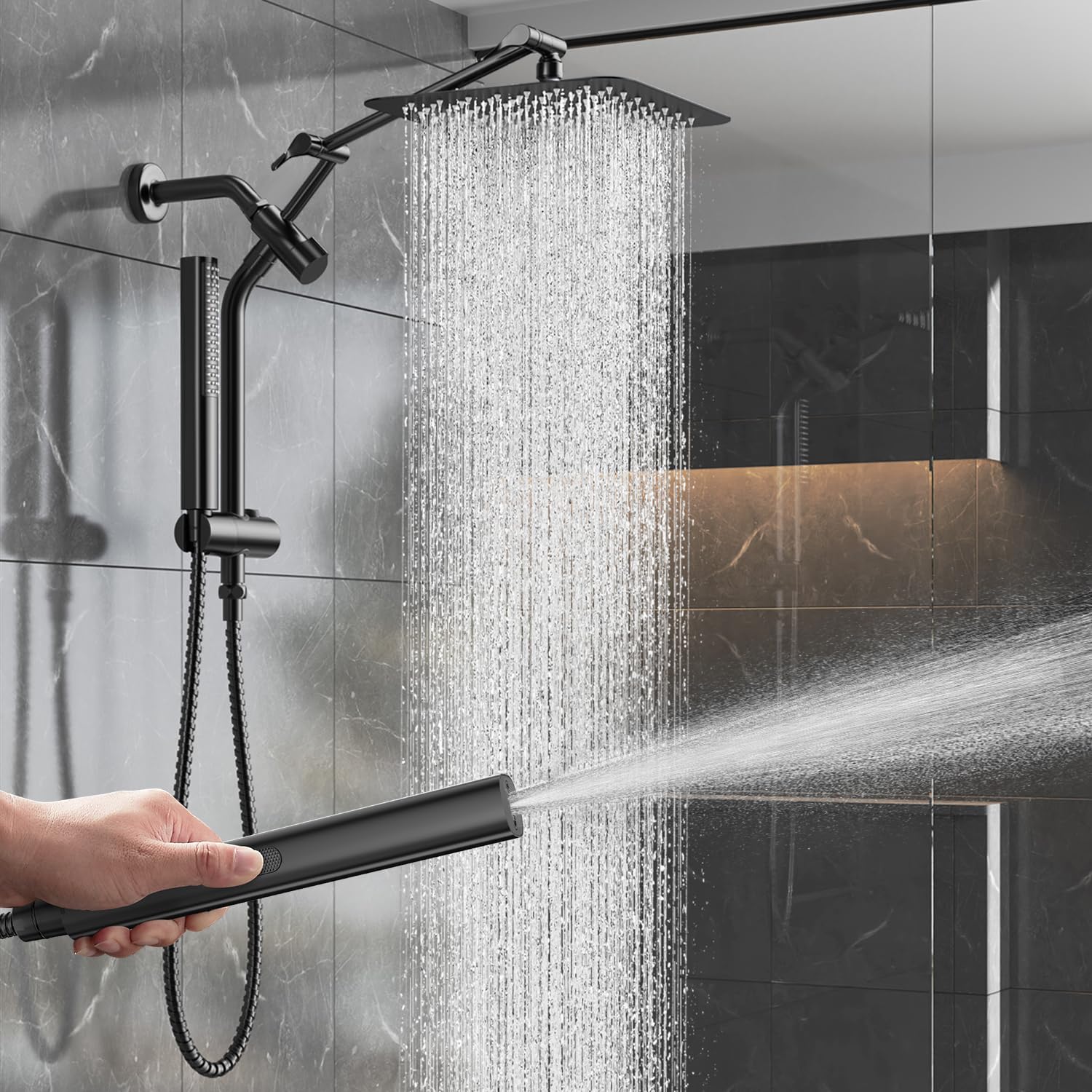 Photo 1 of Veken 10" Luxurious All Metal Rain Shower Head with Handheld Spray Combo, High Pressure Rainfall Square Shower Heads with Extension Arm, Wide Dual Showerhead, Bathroom Accessories, Matte Black