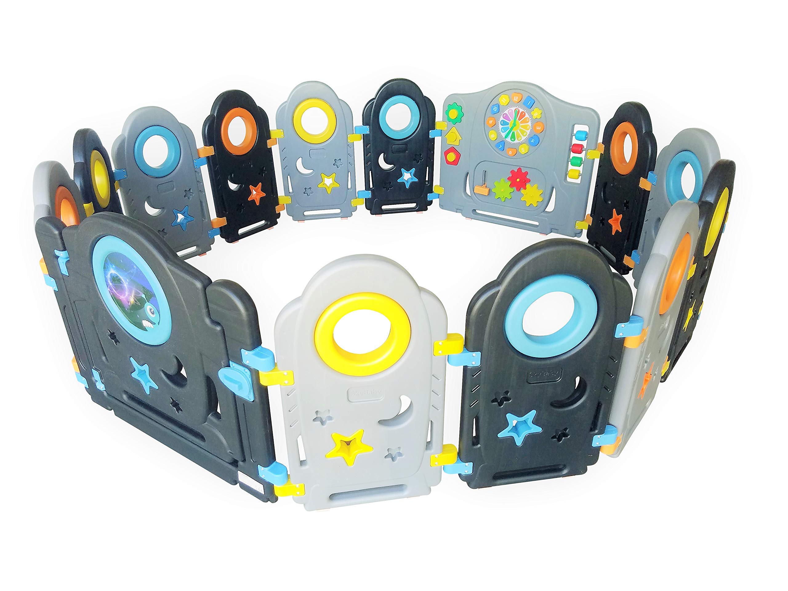 Grey Black Baby Playpen - 14 Panel Kids Activity Center Portable Playard, Indoor and Outdoor Baby Fence - Safe Play Yard Play Pen with Games & Gates for Infants