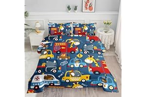 Datura home Kids Cartoon Car Comforter Set for Boys Kids Children,Transportation Car Police Car Kawaii Animals Printed Bedding Set with 1 Comforter, 2 Pillowcases(Cartoon Car Twin), Twin 68x86inches