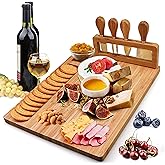 Cheese Board and Knife Set,Bamboo Charcuterie Board,Wine Meat Cheese Platter Serving Board with 4 Stainless Steel Knife,Woode
