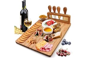 Cheese Board and Knife Set,Bamboo Charcuterie Board,Wine Meat Cheese Platter Serving Board with 4 Stainless Steel Knife,Woode