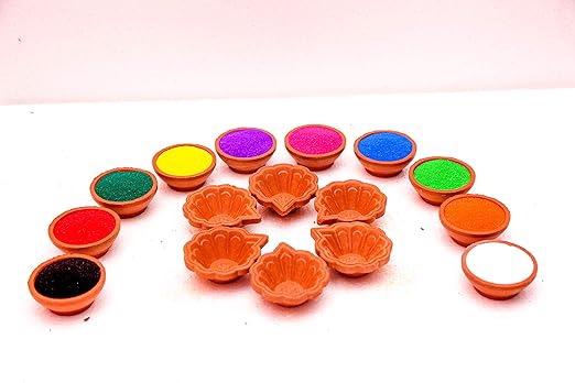 Mahakal Handmade Clay Diya Round (Set of 06 Pcs) | with Rangoli Color (Pack of 10) | for Diwali Decoration