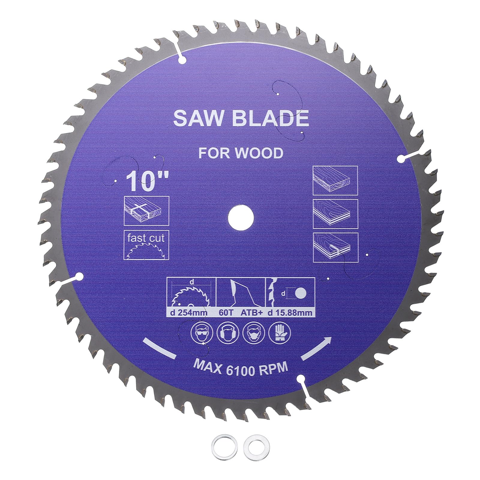 Kozelo Circular Saw Blade - [10 Inch x 60 Teeth x 5/8 Inch Arbor] Tungsten Carbide Tipped Table Miter Saw Blades with 5/8 Inch to 1/2 Inch 3/8 Inch Washer Adapters | Purple