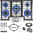 30 Inch Gas Cooktop, Gas Stove Top with 5 High Efficiency Burners, Bulit-in Gas Countertop in Stainless Steel for kitchen, NG/LPG Convertible Gas Stovetop with Cast Iron Grates