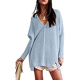 SuperPrity Womens Sweaters V Neck Long Sleeve 2024 Fall Oversized Front Slit Knit Pullover Sweaters Top Casual Trendy Clothes