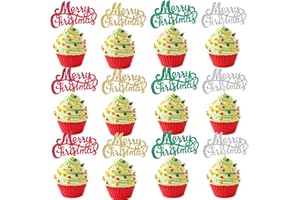 Wootkey 36 PCS Merry Christmas Cupcake Toppers Glitter 4-Color Christmas Cupcake Picks Christmas Toothpicks for Christmas Theme New Year Xmas Holiday Party Cake Decorations Supplies