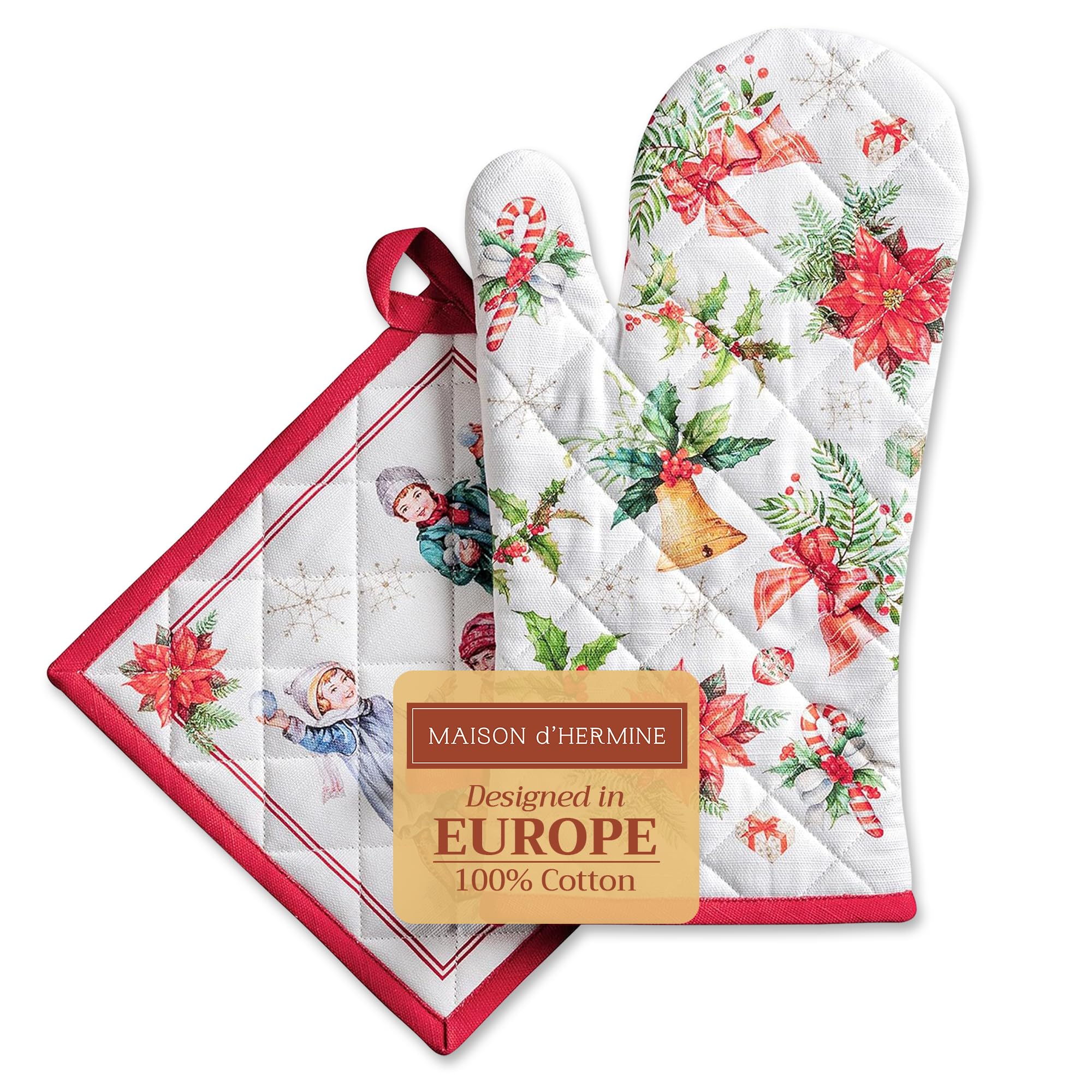 Maison d' Hermine 100% Cotton Oven Mitt & Pot Holder Set (19 x 33 cm & 20 x 20 cm) Heat Resistant BBQ Cooking Gloves with Loop for Christmas Decorations Baking Handling Hot Pans (Chromo)