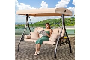 Yalissey 3 in 1 Outdoor Porch Swing with Adjustable Canopy, 3 Seat Outdoor Swing for Adults, Patio Swing Chair with Thickened Cushions,Pillows & Cup Holders for Backyard, Porch, Garden (Khaki)