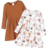 PATPAT Toddler Girl Long Sleeve Dresses 2-Pack – Ribbed Cotton & Woven A-Line, Soft Fall Outfits for Girls, Sizes 18M–10Y