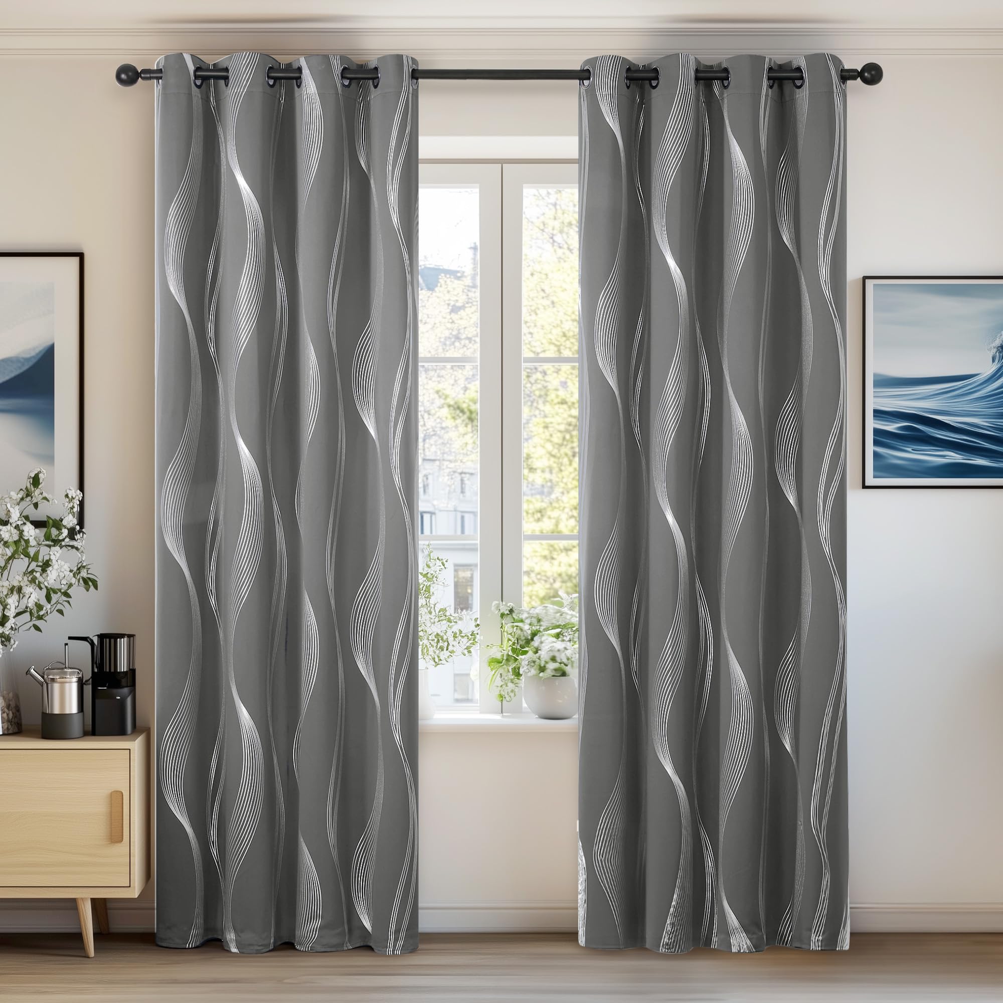Deconovo Grey Curtains 46 x 54 Inch Foil Printed Wave Line Room Darkening Curtains Thermal Insulated Energy Saving Super Soft Eyelet Blackout Curtains for Bedroom Light Grey 2 Panels